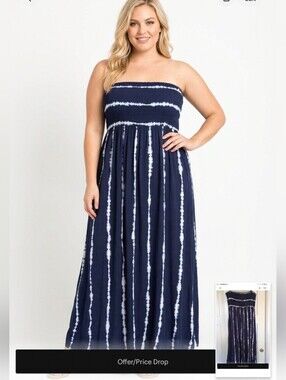 2X XXL Reitmans Maxi Dress Navy and White Tie Dye Sleeveless Strapless